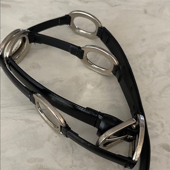 Amiee Lynn black leather belt silver tone oval links size M main image 6